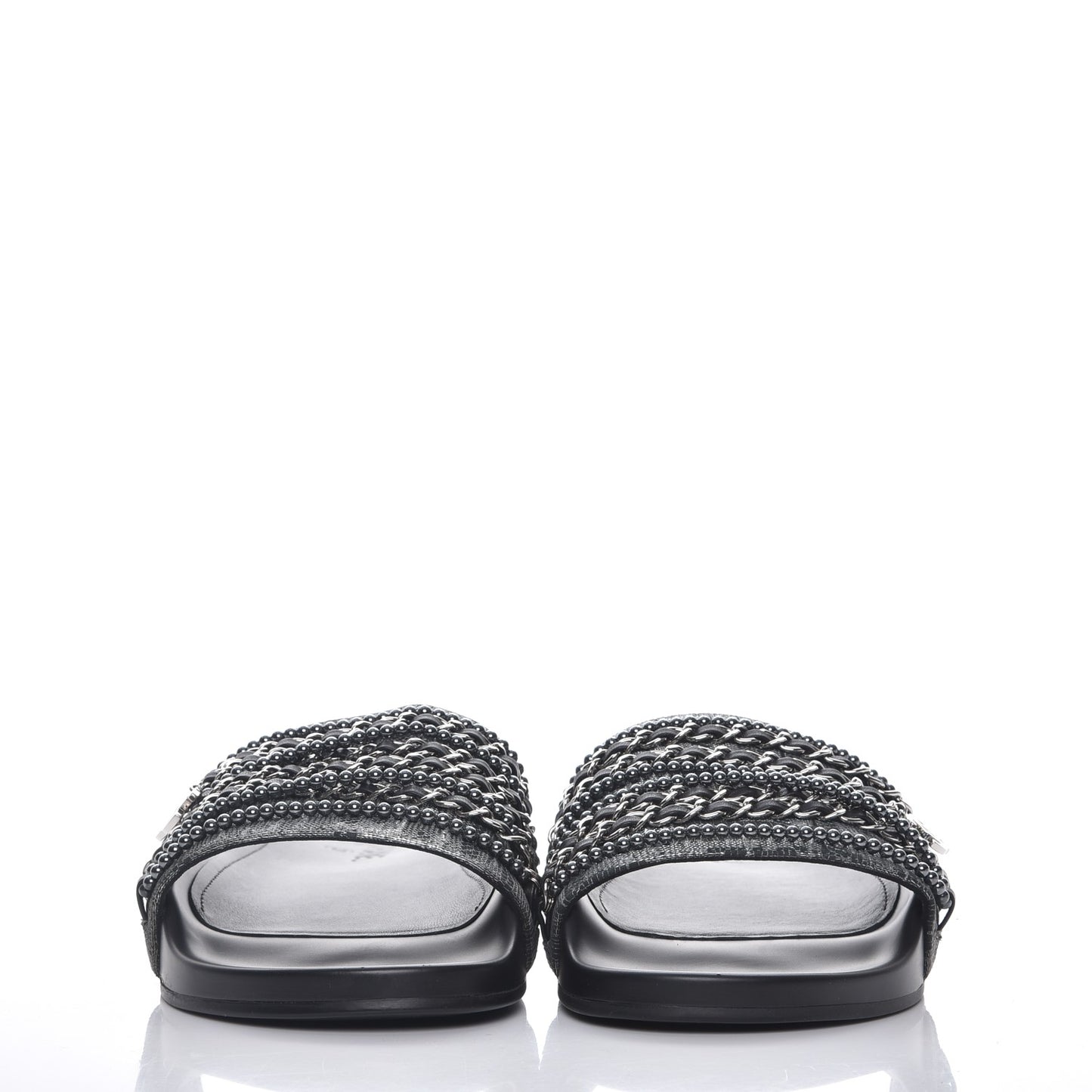 Fantasy Lambskin Pearl Chain CC Flat Mules 42 Silver Black