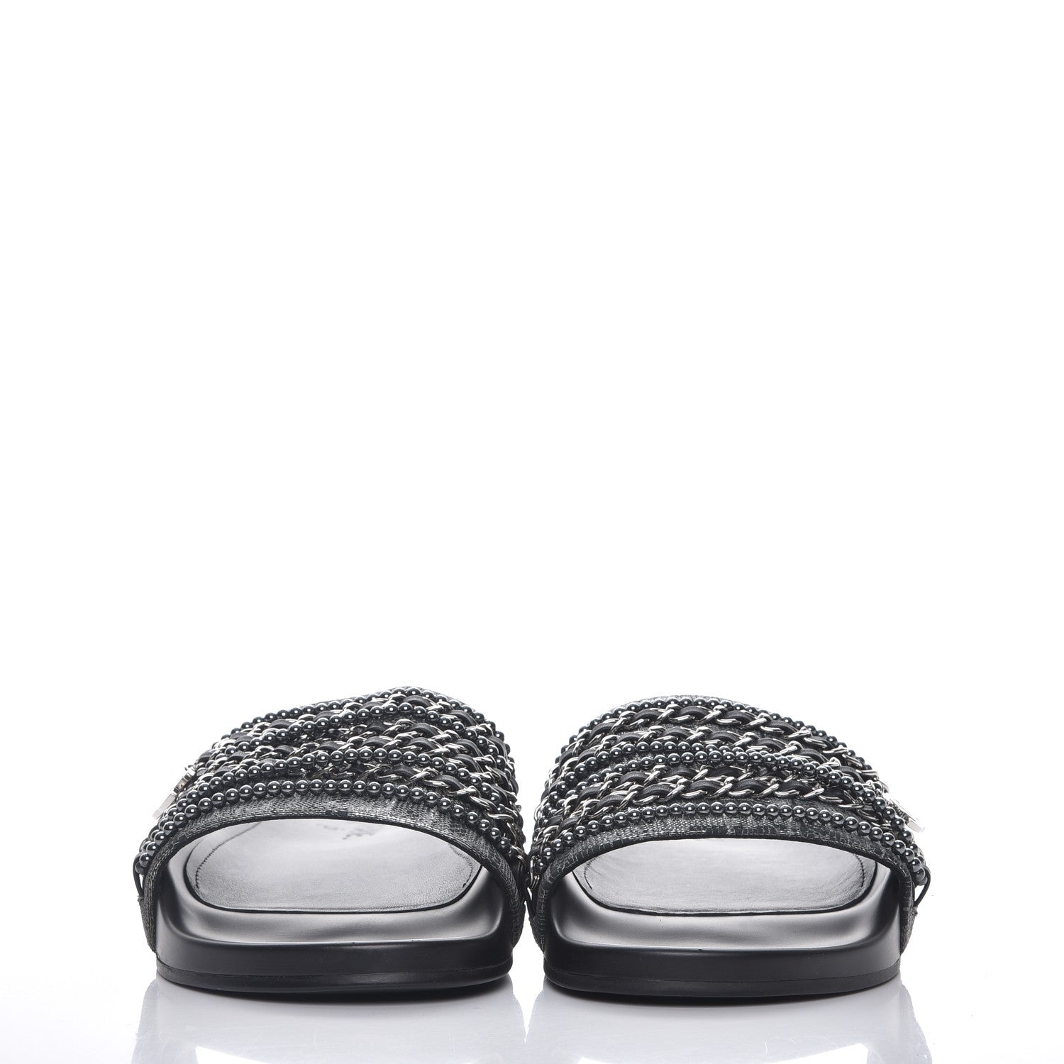 Chanel Fantasy Lambskin Pearl Chain CC Flat Mules 42 Silver Black 2 of 9
