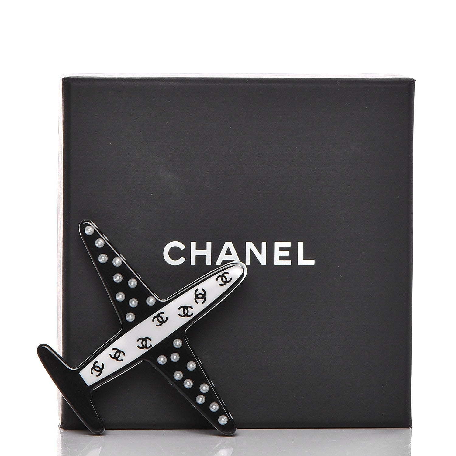 Chanel Resin Pearl CC Airplane Brooch Black White 6 of 6
