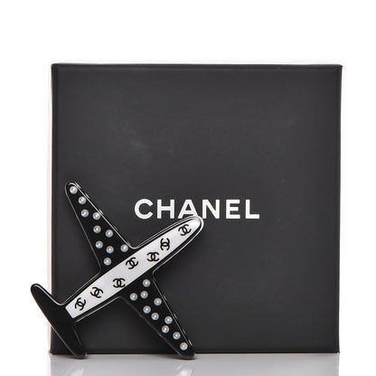 Chanel Resin Pearl CC Airplane Brooch Black White 6 of 6