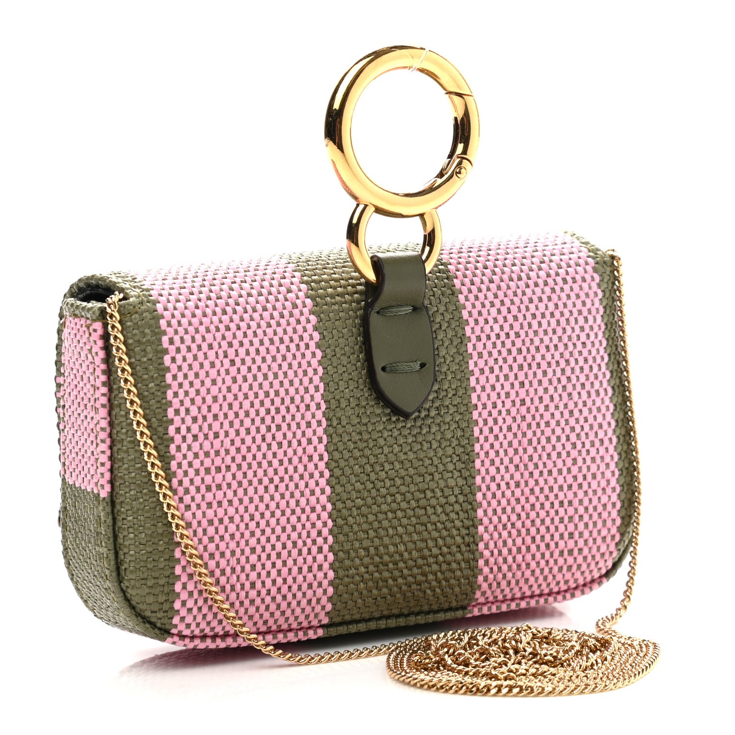 Raffia Pequin Gingham Woven Nano Baguette Charm Verde Militare Rosa