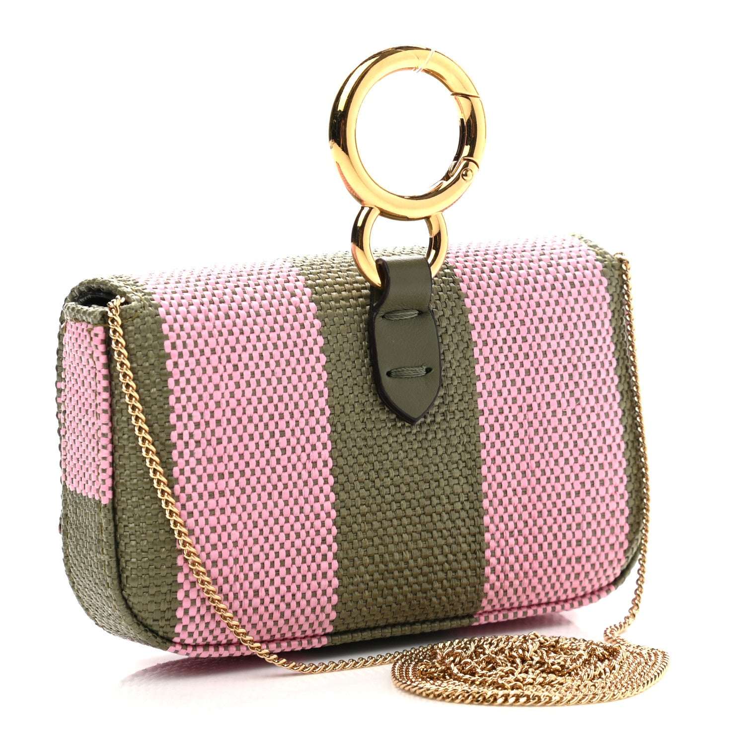 Fendi Raffia Pequin Gingham Woven Nano Baguette Charm Verde Militare Rosa 3 of 9