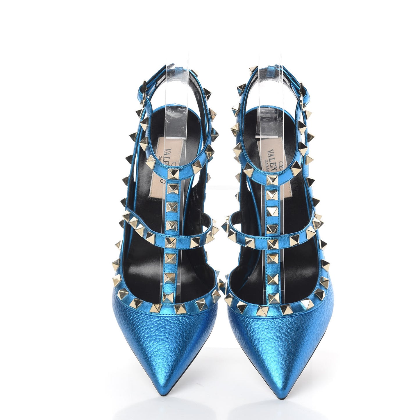 Metallic Pebbled Calfskin Rockstud Ankle Strap Pumps 36 Light Blue
