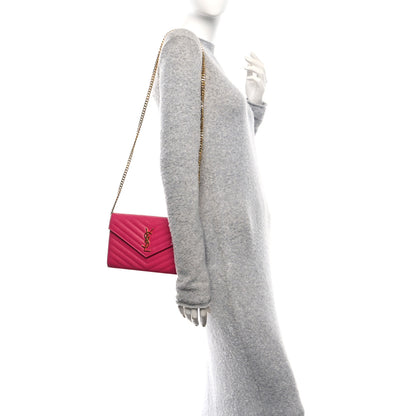 Saint Laurent Grain De Poudre Matelasse Chevron Monogram Chain Wallet Hot Pink 2 of 10