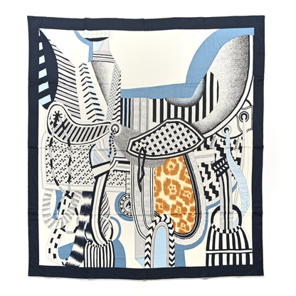 Hermes Cashmere Silk La Selle Imaginaire Shawl 140 Marine White Bleu 1 of 6