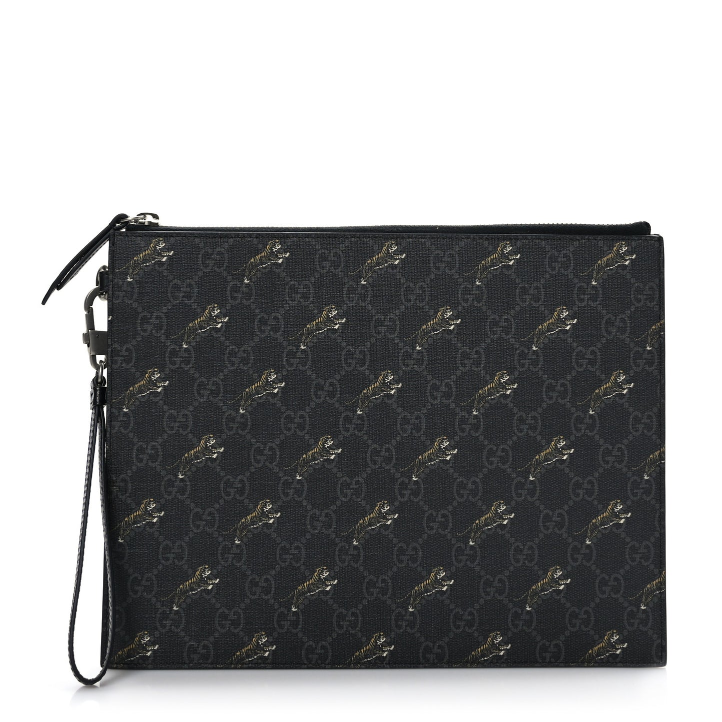 GG Supreme Monogram Tigers Zip Wristlet Pouch Black