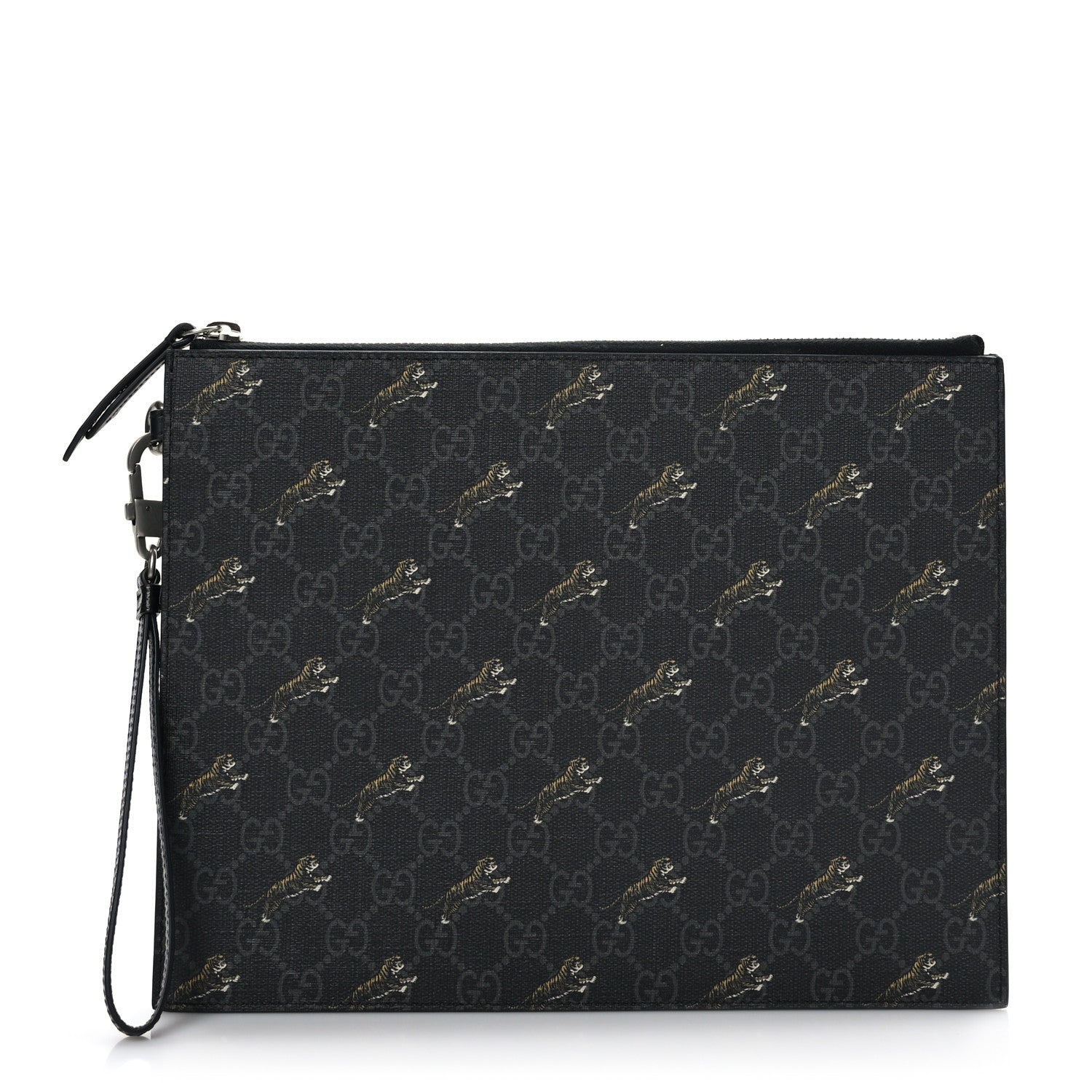 Gucci GG Supreme Monogram Tigers Zip Wristlet Pouch Black 1 of 6
