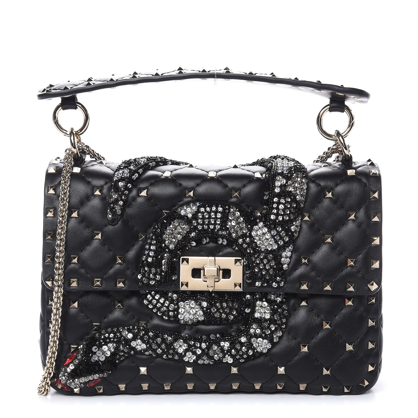 Lambskin Sequin Snake Medium Rockstud Spike Shoulder Bag Black