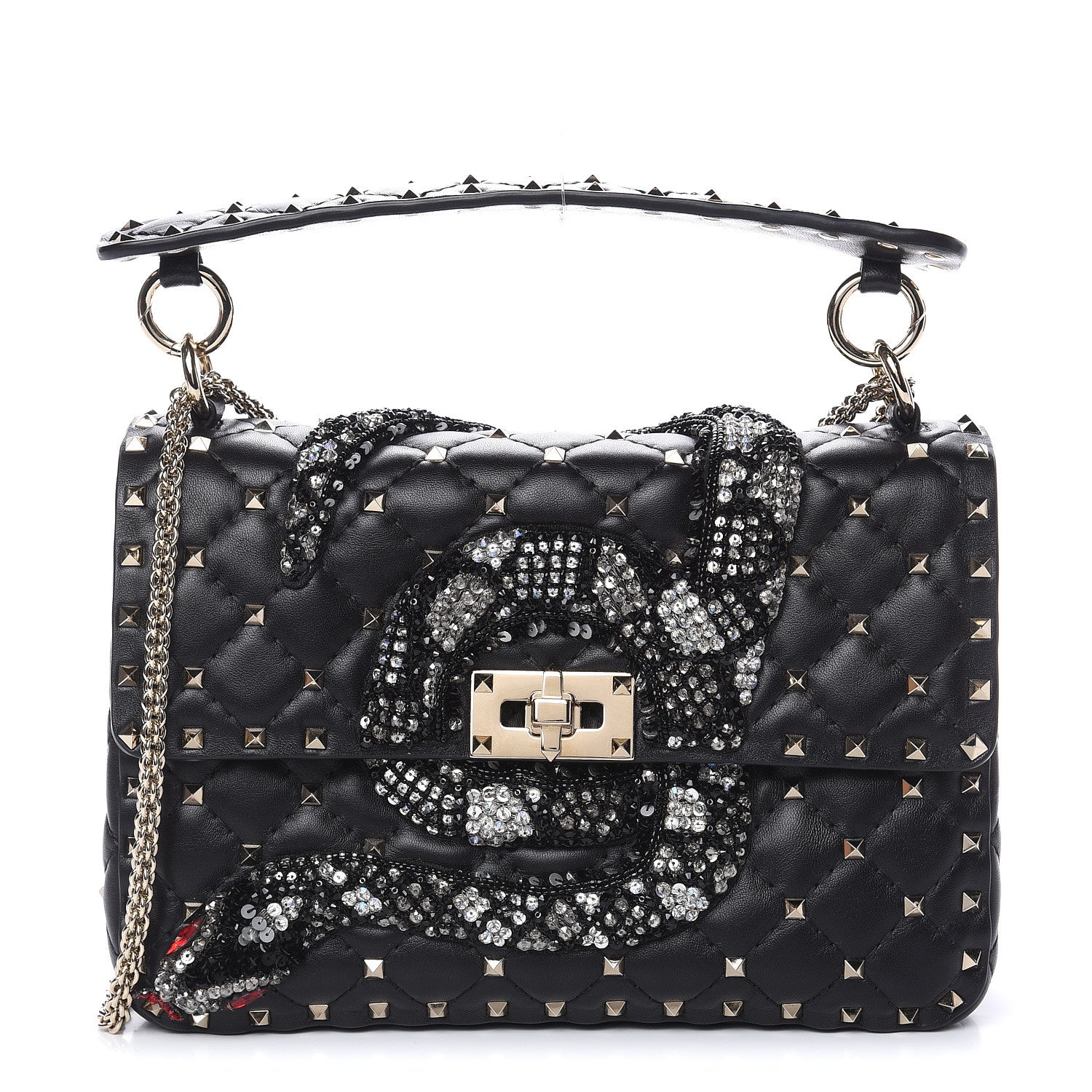 Valentino Garavani Lambskin Sequin Snake Medium Rockstud Spike Shoulder Bag Black 1 of 14