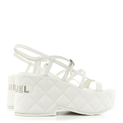 Chanel Calfskin Quilted Wedge Logo Sandals 36 White 5 of 12