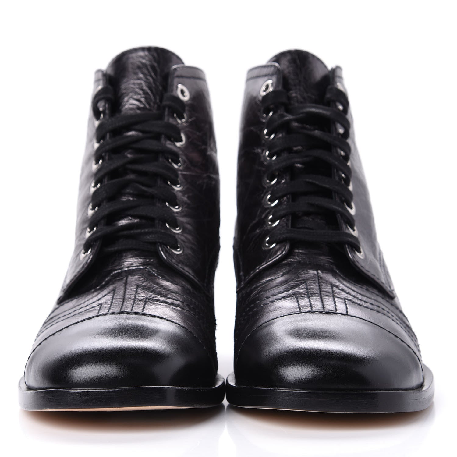 Chanel Metallic Calfskin CC Lace Up Boots 38.5 Silver Black 2 of 12