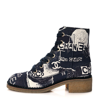 Chanel Printed CC Canvas 31 Rue Cambon Lace Up Combat Boots 37.5 Navy White 1 of 9