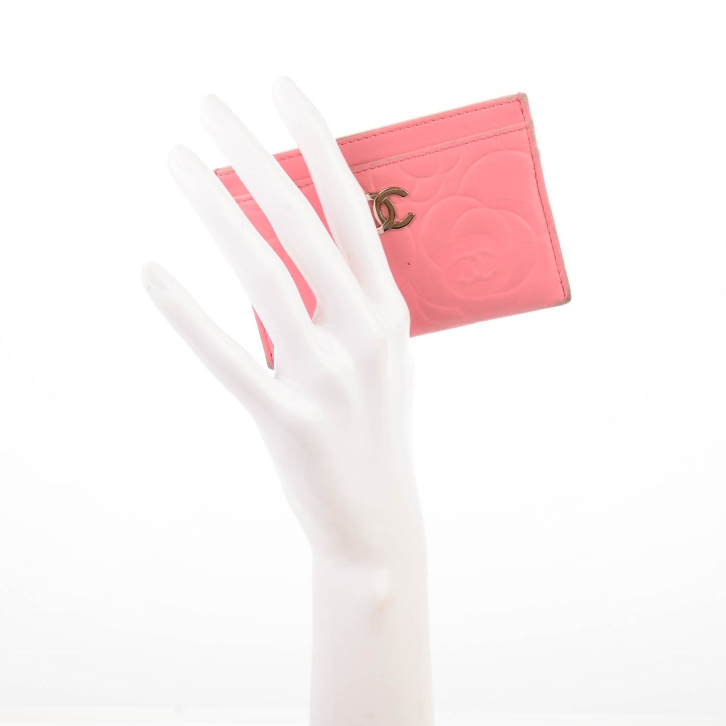 Lambskin Camellia Embossed Card Holder Pink