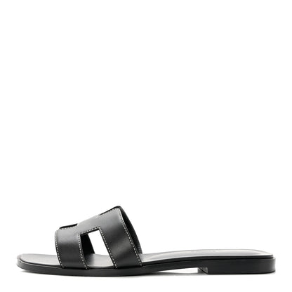Hermes Box Calfskin Oran Sandals 37.5 Black 1 of 9