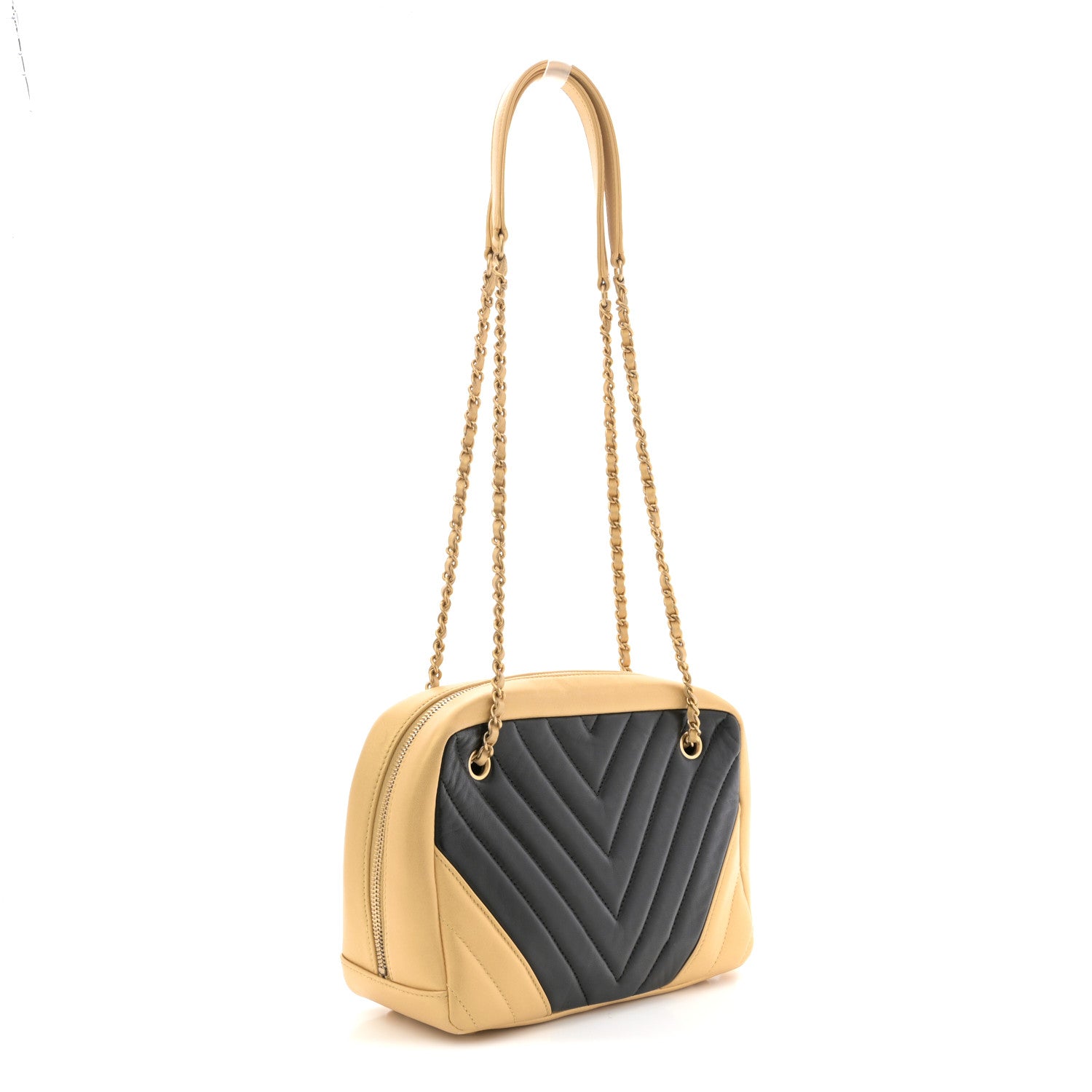 Chanel Lambskin Sheepskin Chevron Camera Case Black Gold 3 of 10