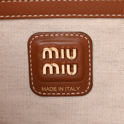 Miu Miu Canvas Calfskin Top Handle Bag Beige Brandy 6 of 10