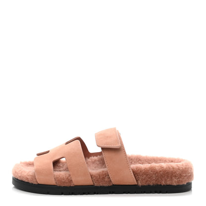Hermes Suede Goatskin Woolskin Womens Chypre Sandals 37 Rose Aube 1 of 4
