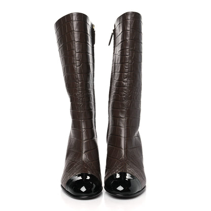 Chanel Calfskin Crocodile Embossed Cap Toe High Boots 35 Gold 2 of 8