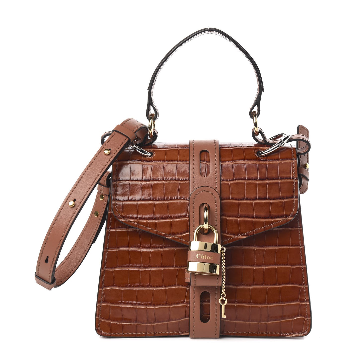 Calfskin Crocodile Embossed Small Aby Day Shoulder Bag Sepia Brown