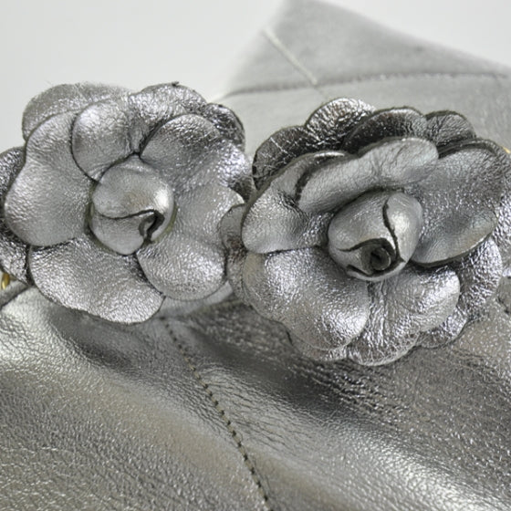 Leather Quilted Camellia Evening Bag Silver