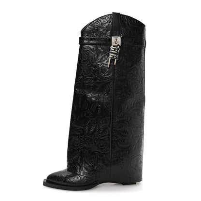 Givenchy Calfskin Embossed Cowboy Shark Lock High Boots  40 Black 1 of 6