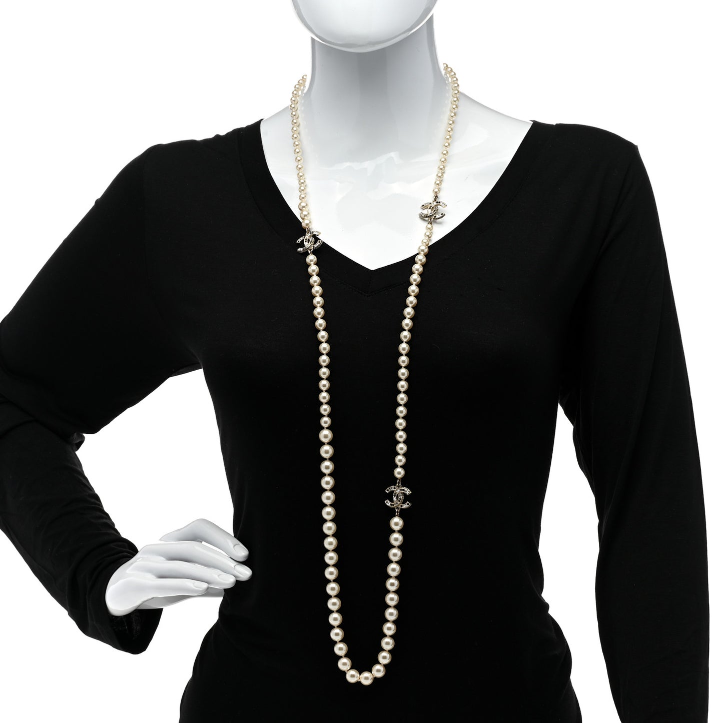 Pearl Baguette Crystal CC Long Necklace Silver