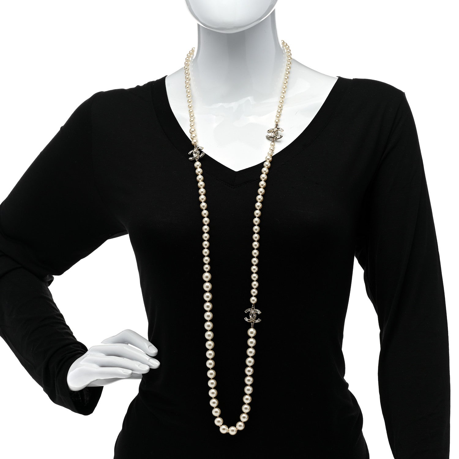 Chanel Pearl Baguette Crystal CC Long Necklace Silver 2 of 6