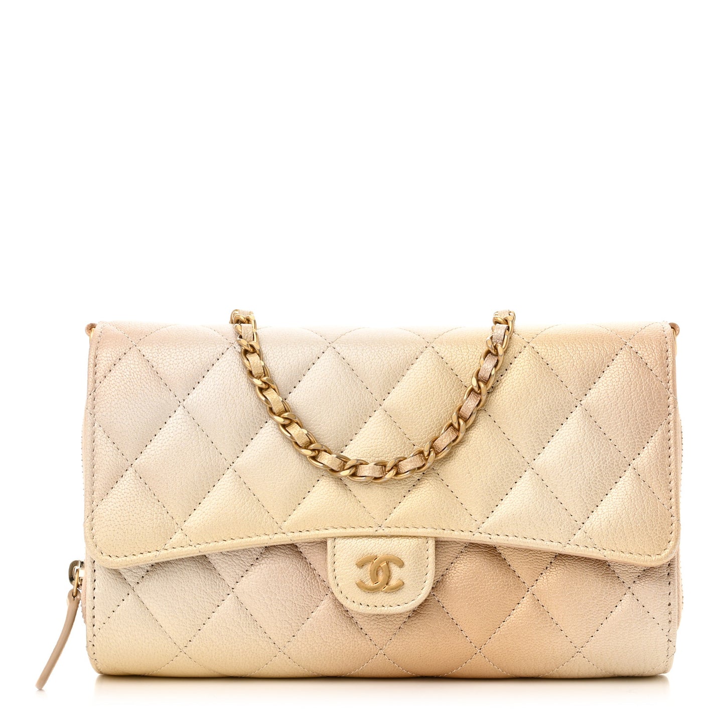 Metallic Goatskin Quilted Phone Holder Wallet on Removable Chain  Gold