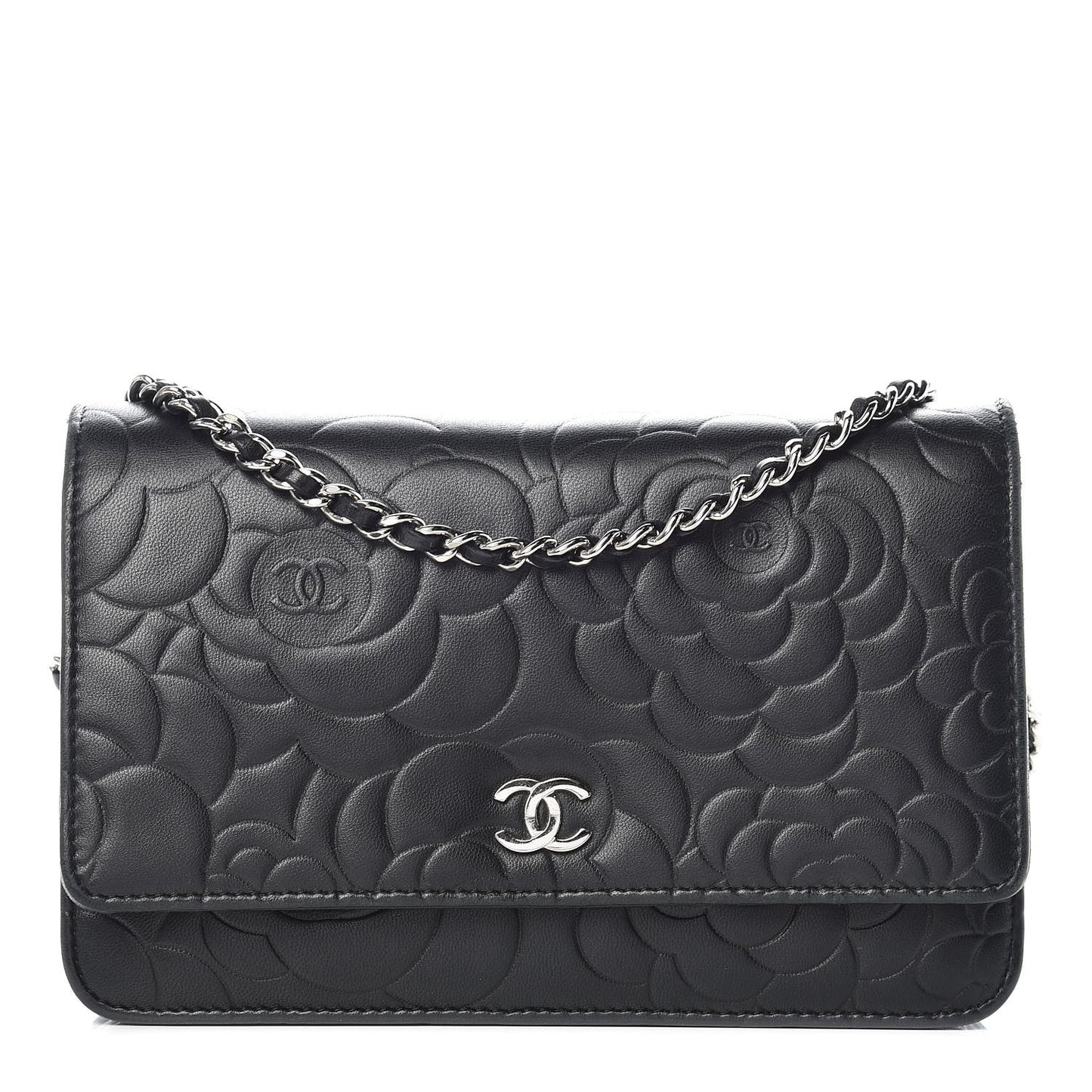 Lambskin Camellia Embossed Wallet On Chain WOC Black
