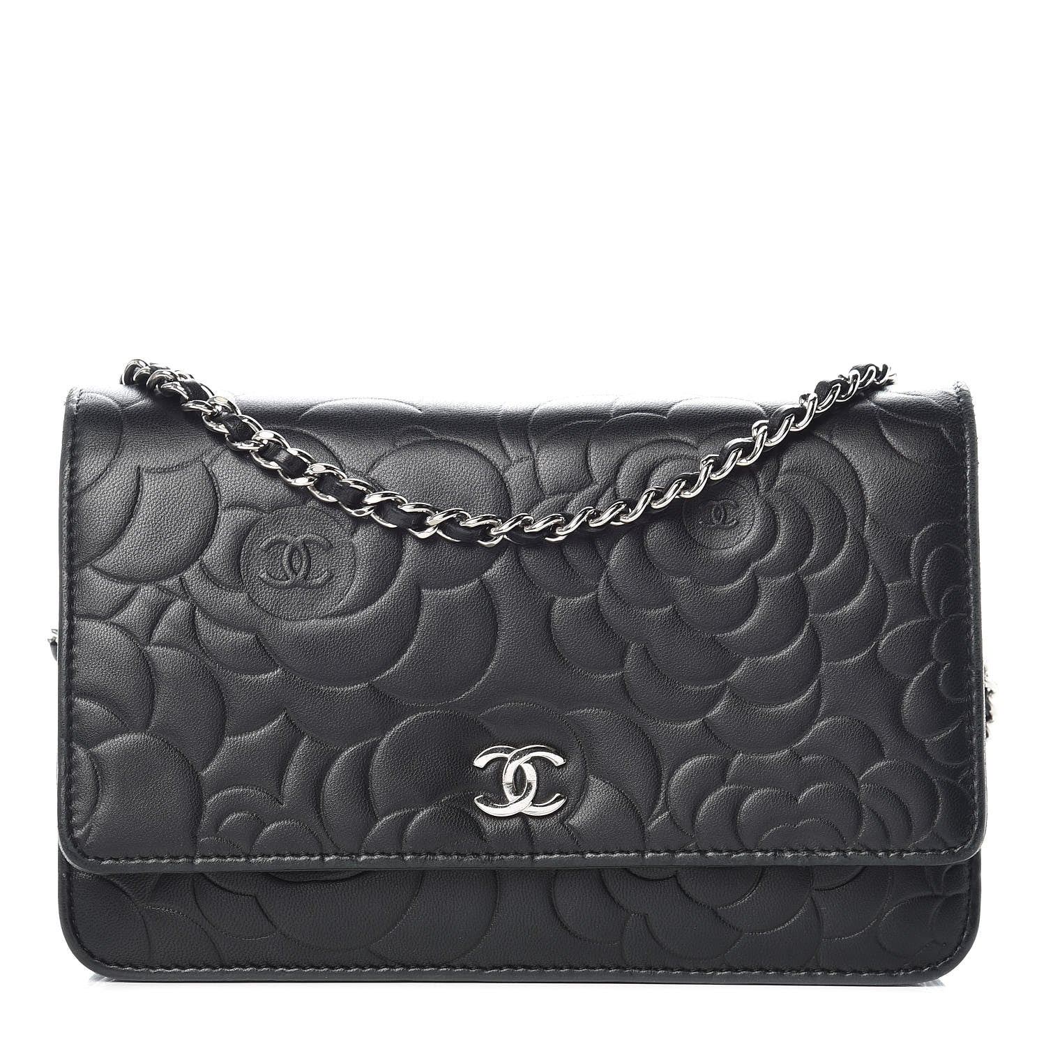 Chanel Lambskin Camellia Embossed Wallet On Chain WOC Black 1 of 18