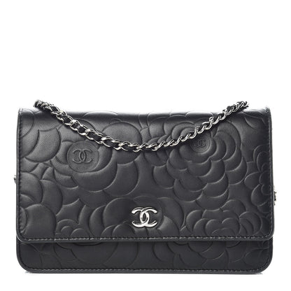 Chanel Lambskin Camellia Embossed Wallet On Chain WOC Black 1 of 18