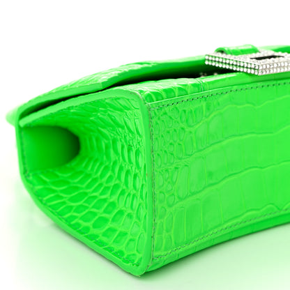 Balenciaga Shiny Calfskin Strass Crocodile Embossed Hourglass Top Handle Bag XS Fluo Green 10 of 11