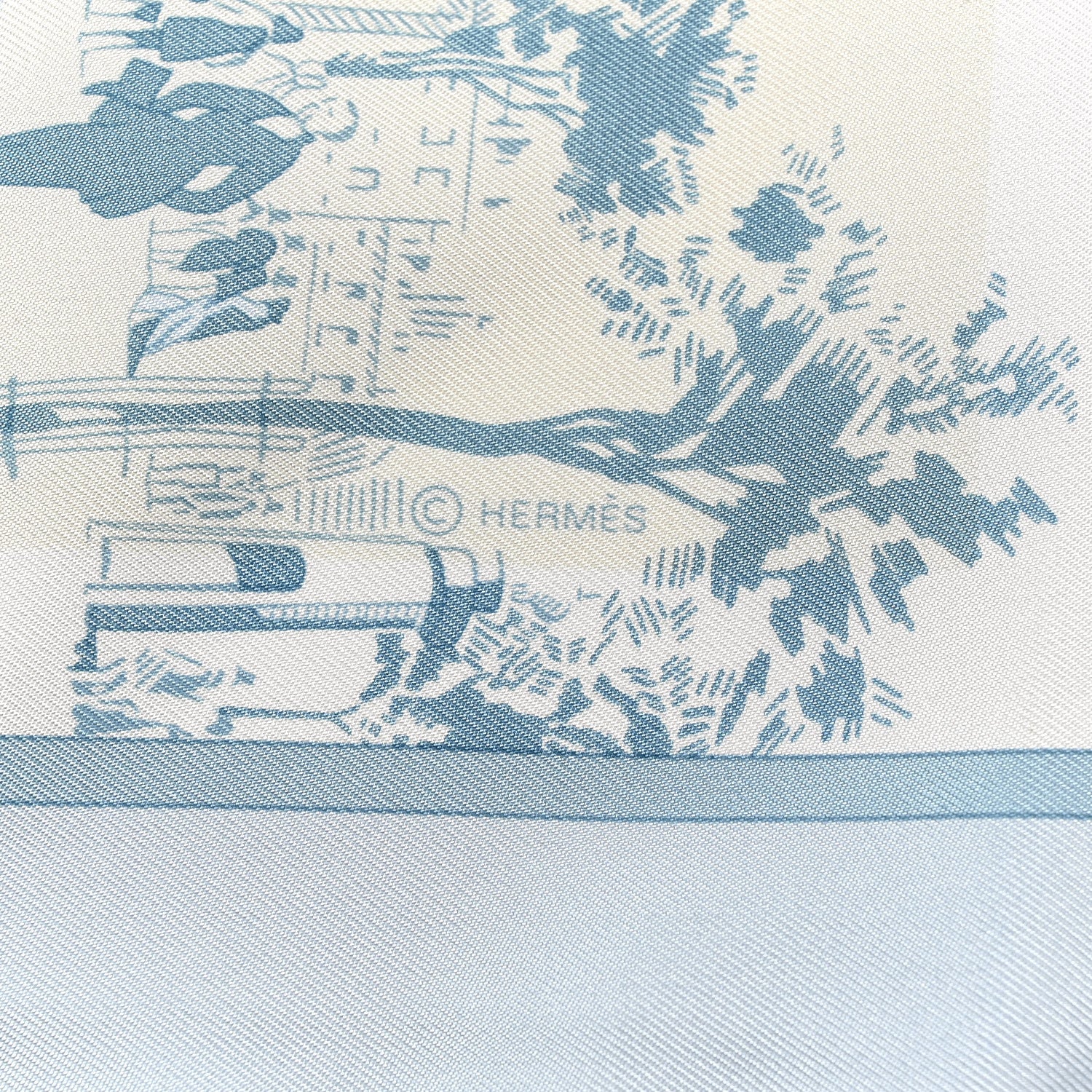 Hermes Silk A l'Ombre des Boulevards Scarf 90 Ciel White Gris Perle 3 of 4