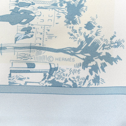 Hermes Silk A l'Ombre des Boulevards Scarf 90 Ciel White Gris Perle 3 of 4