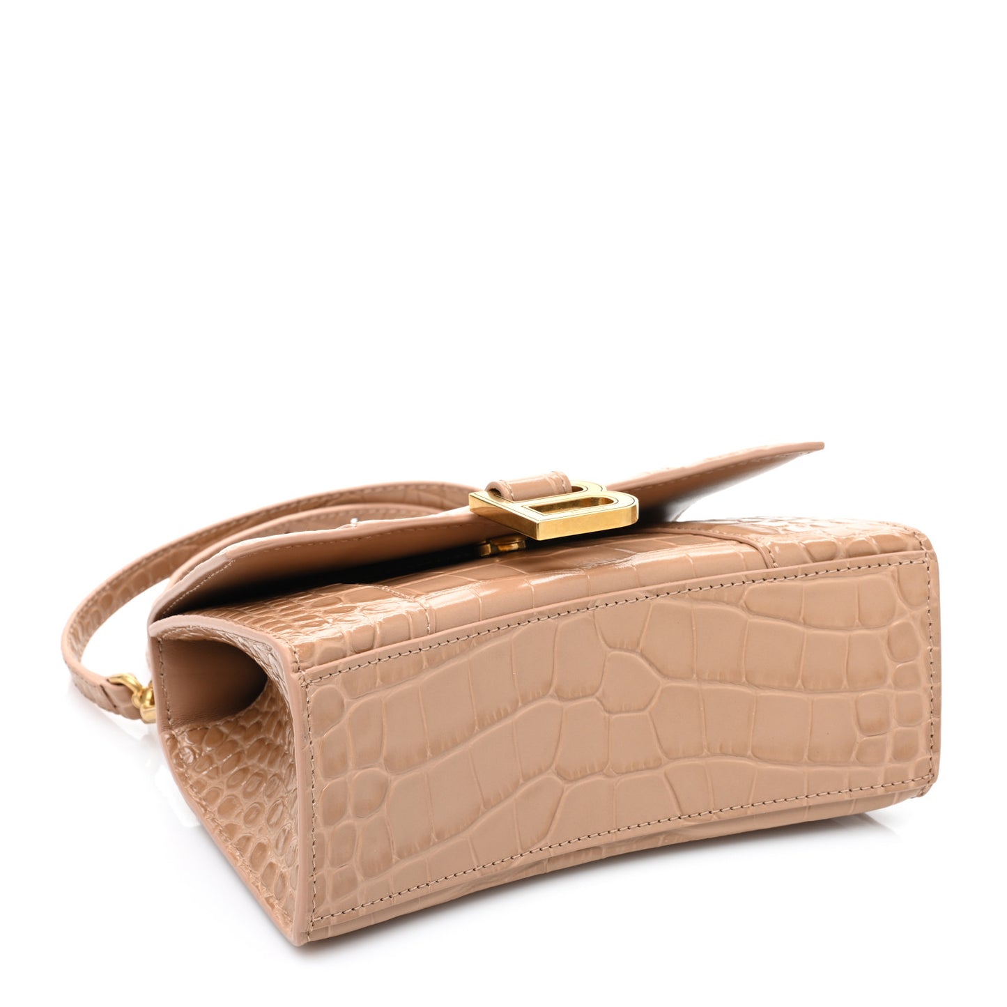 Shiny Calfskin Crocodile Embossed Hourglass Top Handle Bag XS Nude Beige