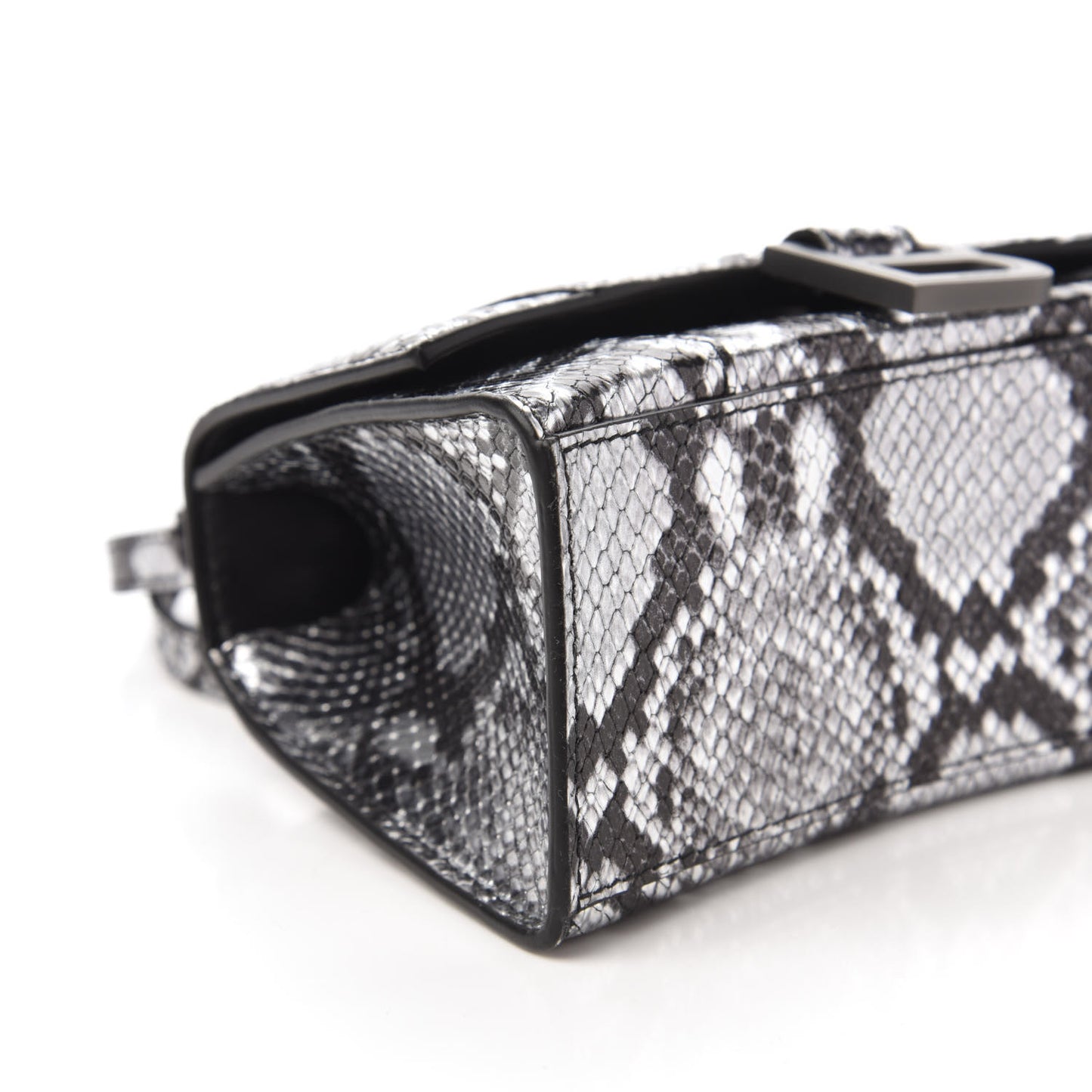 Shiny Calfskin Snakeskin Embossed Hourglass Top Handle Bag XS Silver Black