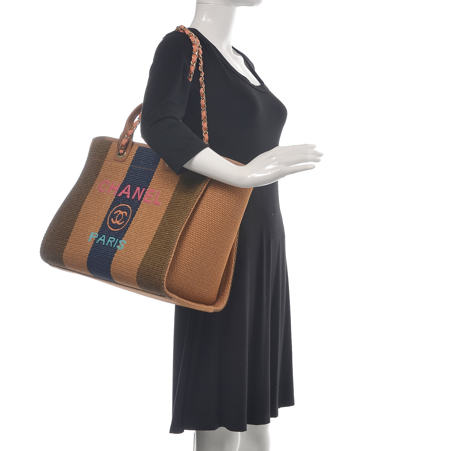 Chanel Straw Raffia Calfskin Striped Large Deauville Tote Khaki Beige Navy Blue 3 of 12