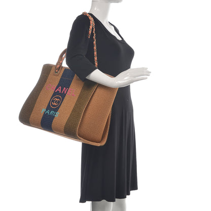 Chanel Straw Raffia Calfskin Striped Large Deauville Tote Khaki Beige Navy Blue 3 of 12