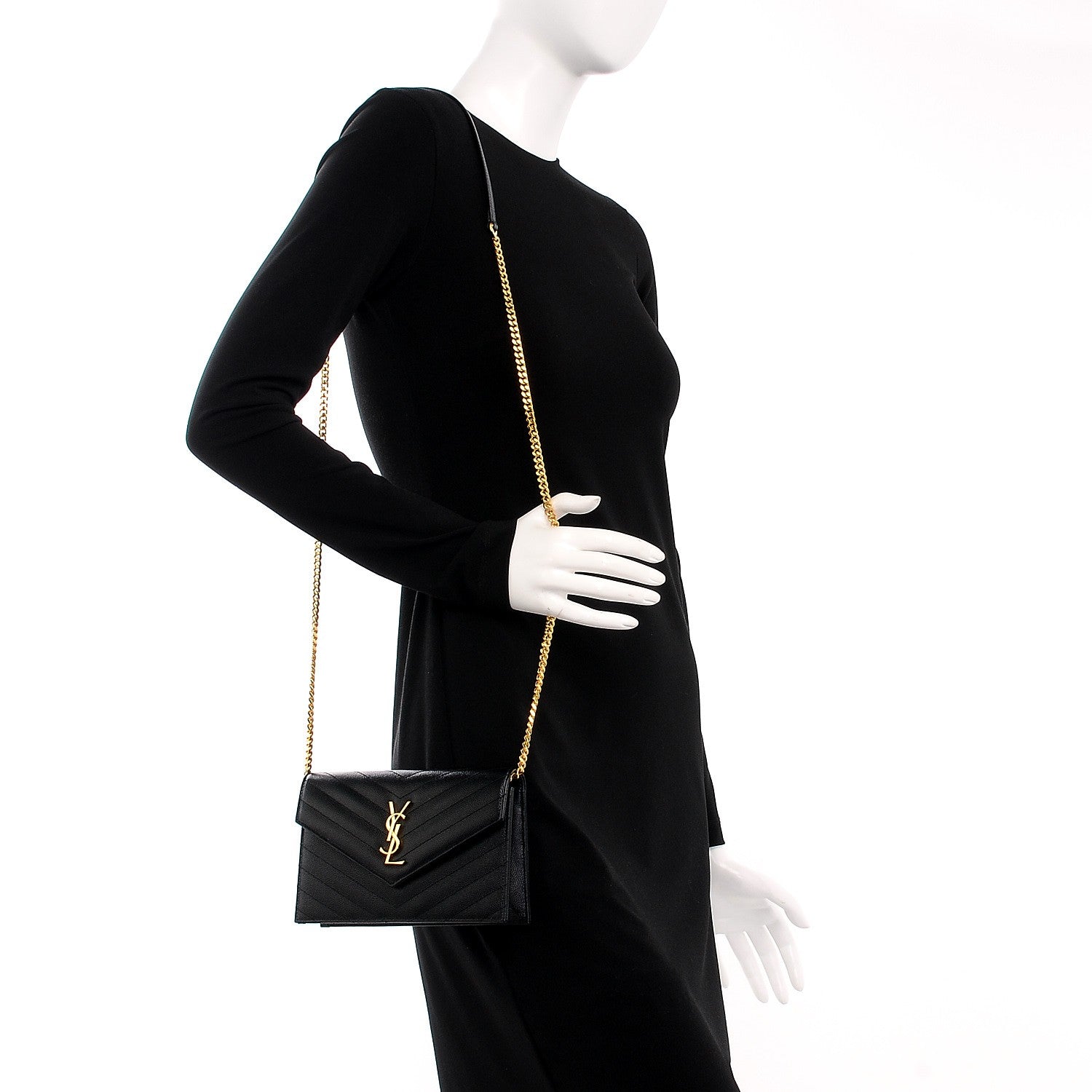 Saint Laurent Grain De Poudre Matelasse Chevron Monogram Envelope Chain Wallet Black 2 of 8