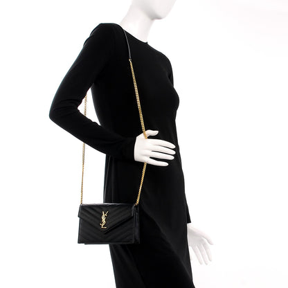 Saint Laurent Grain De Poudre Matelasse Chevron Monogram Envelope Chain Wallet Black 2 of 8