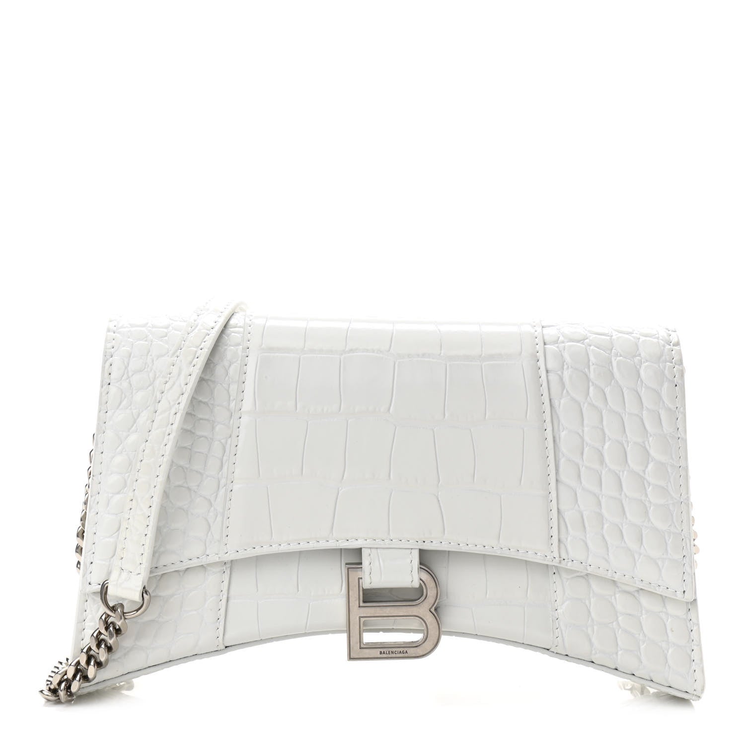 Balenciaga Shiny Calfskin Crocodile Embossed Small Hourglass Evening Chain Bag White 1 of 9