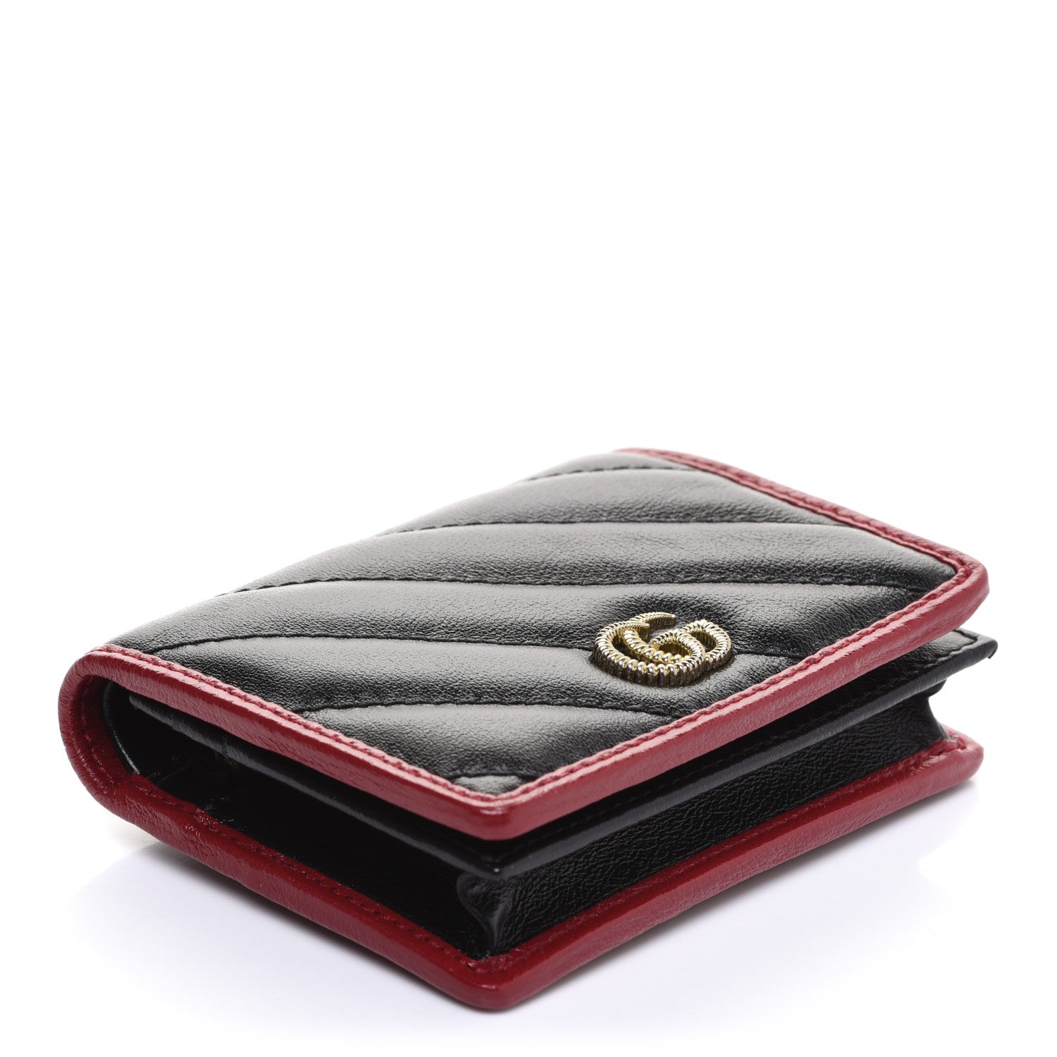 Gucci Vintage Effect Calfskin Matelasse Diagonal Torchon GG Marmont Card Case Wallet Black Romantic Cherry 4 of 8