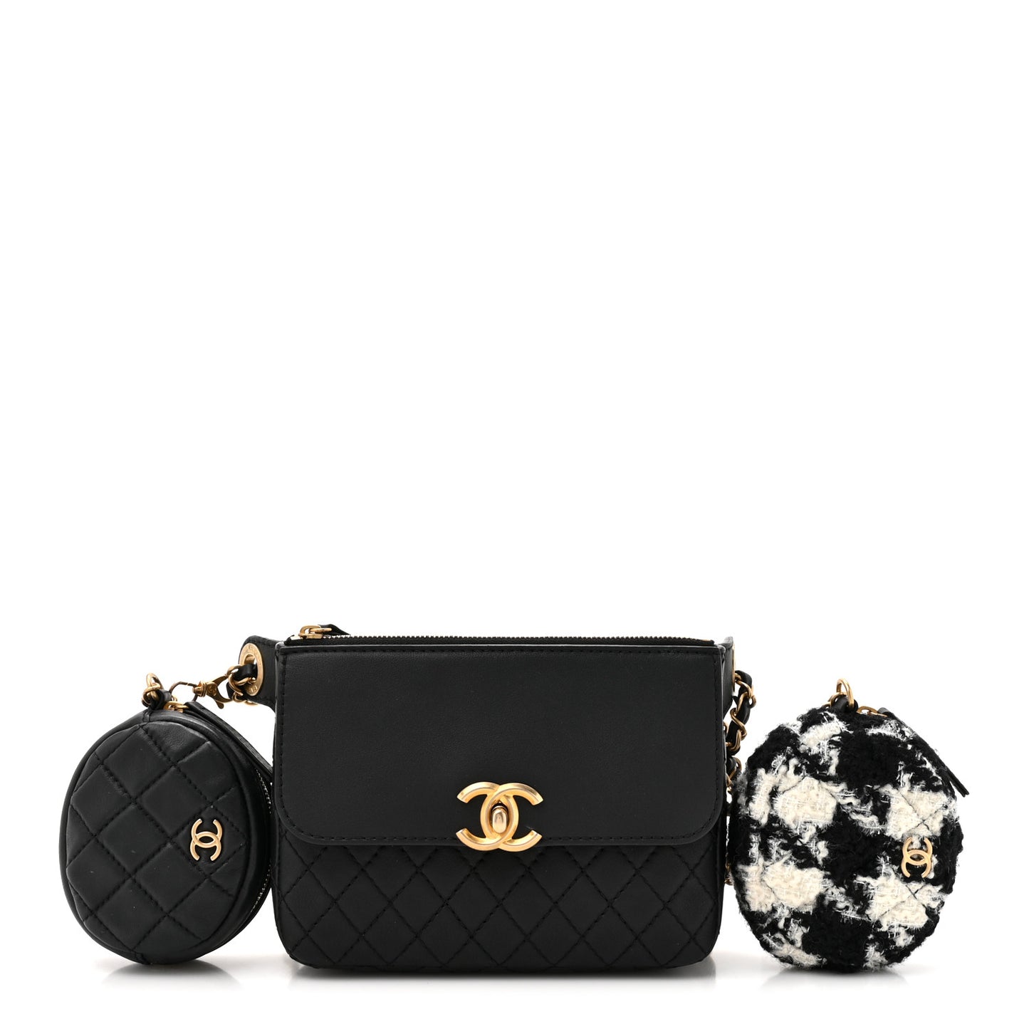 Calfskin Quilted Multi Pouching Flap And Coin Purse Black