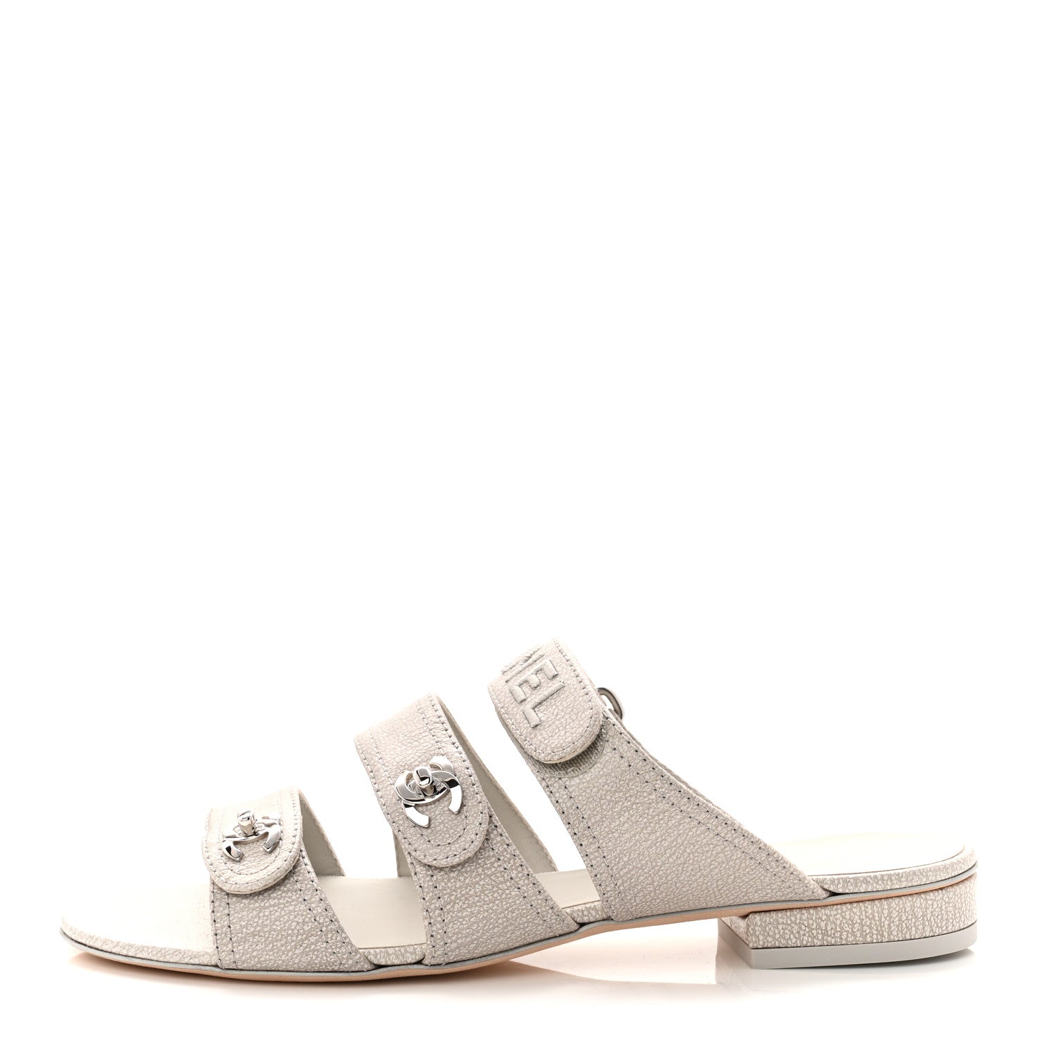 Chanel Iridescent Calfskin Logo CC Turnlock Sandals 37.5 Grey 1 of 10