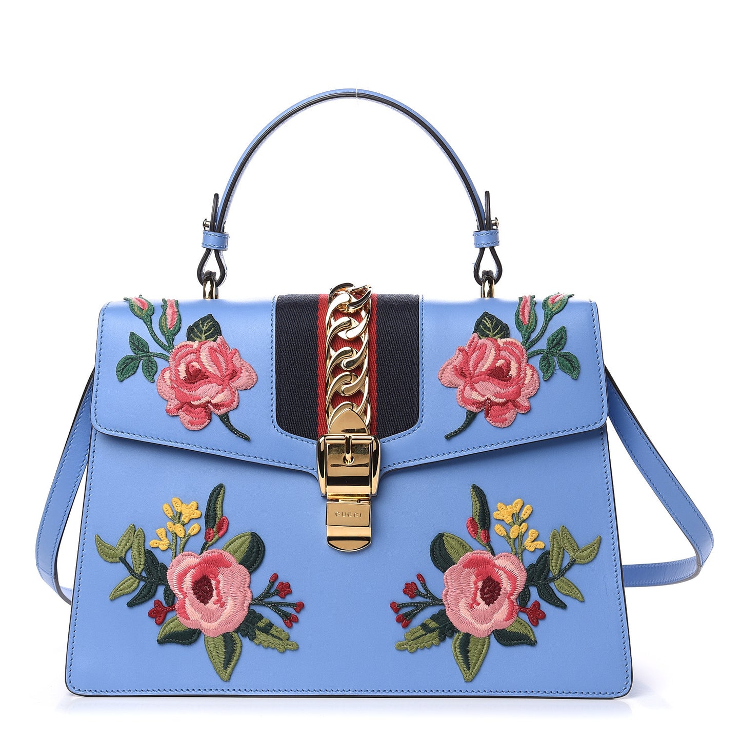 Calfskin Embroidered Medium Sylvie Top Handle Bag Clear Sky Blue