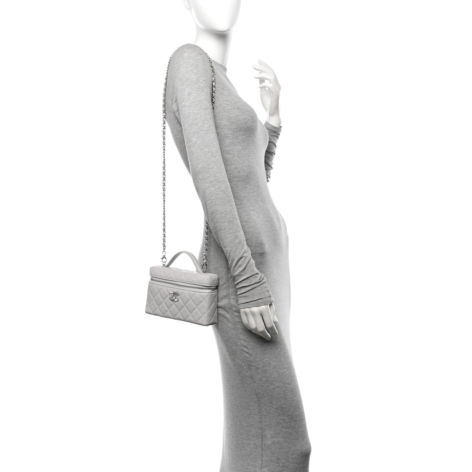 Chanel Caviar Quilted Ridged CC Top Handle Slim Vanity Case With Chain Light Grey 2 of 11