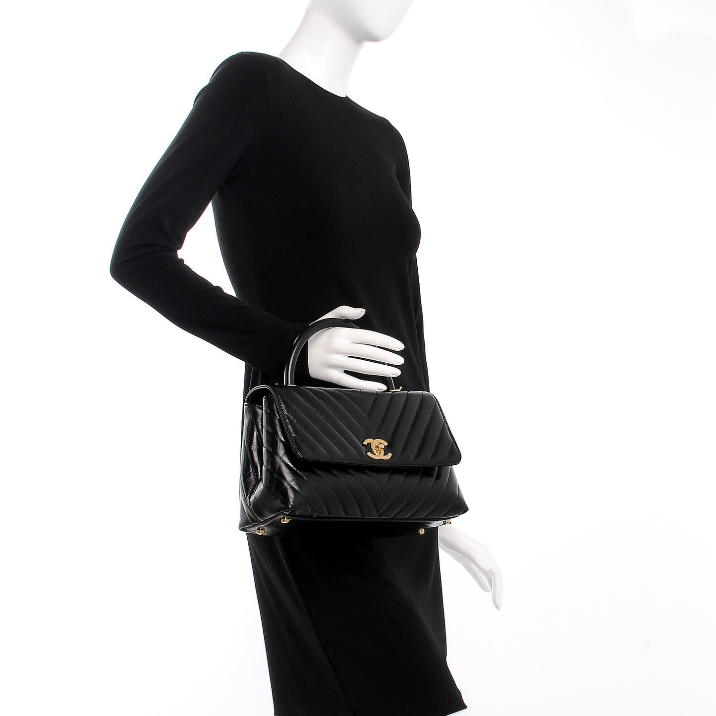 Calfskin Chevron Quilted Coco Handle Flap Black