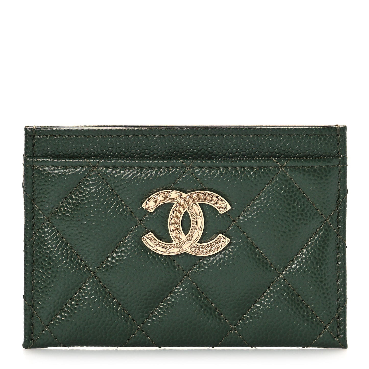 Caviar Quilted Chain CC Card Holder Khaki