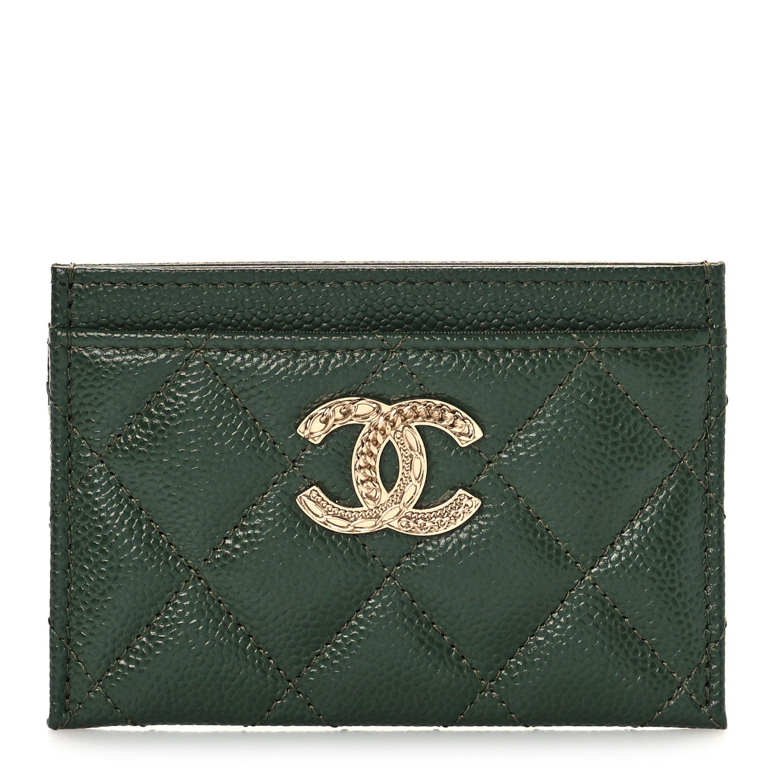 Chanel Caviar Quilted Chain CC Card Holder Khaki 1 of 9