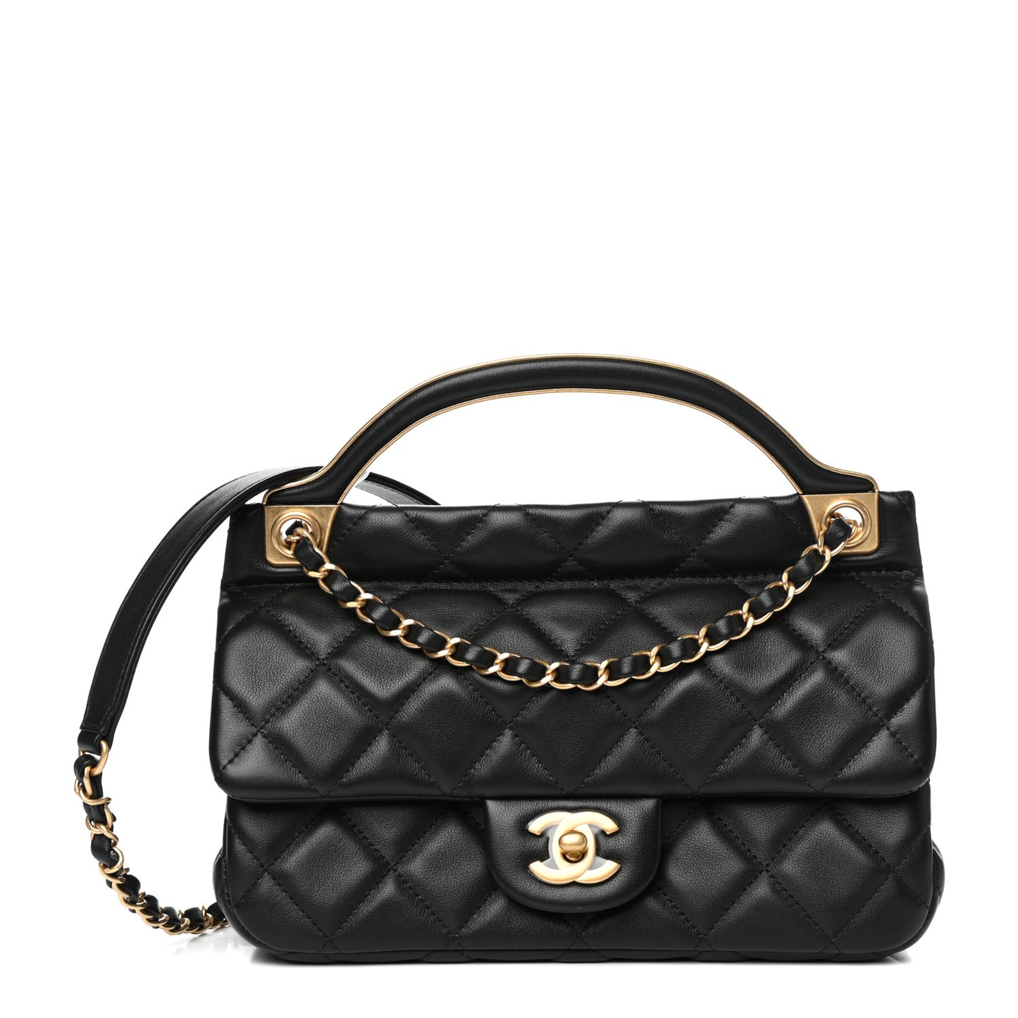 Calfskin Quilted Small Lady Handle Clutch With Chain Black